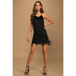 Lulus Roarin' Style Black Fringe Halter Bodycon Mini Dress - Size M